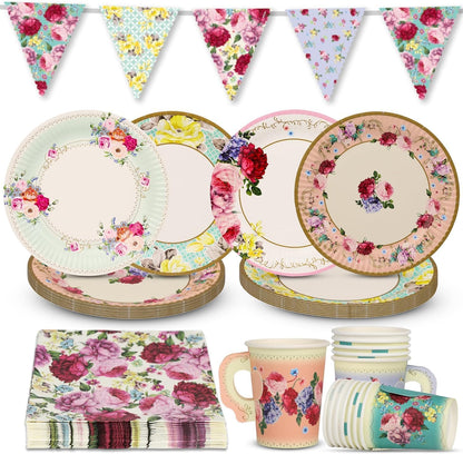 Juego de vajilla desechable para 16 invitados con diseño floral de tarde/té de tarde/fiesta para 16 invitados, bonito juego de platos de papel, servilletas para tazas de té, mantel para cumpleaños