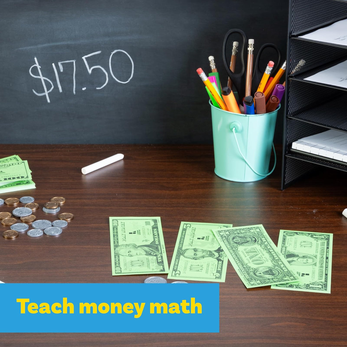 LEARNING ADVANTAGE Juego de Dinero | Billetes y Monedas | 100 Billetes y 94 Monedas | Manipulativos de matemáticas tempranas para niños | Dinero fingido diseñado como Moneda Real
