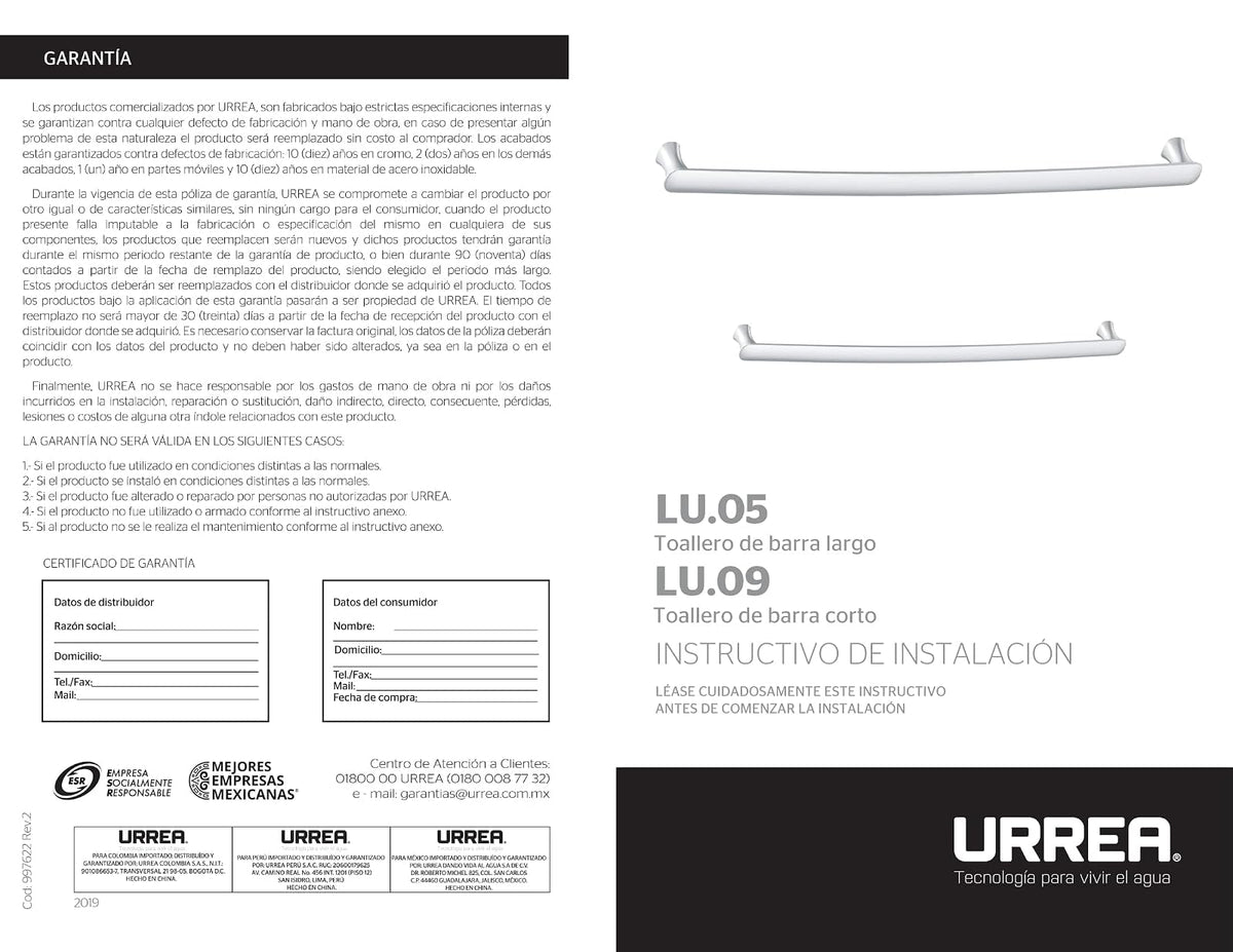 Urrea LU.09 Toallero de Barra Corto, Modelo Cassia, Acabado Cromo