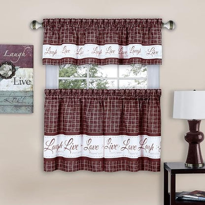 Achim Home Decor - Juego de Cortinas para Ventana, 58 Pulgadas de Ancho, 36 Pulgadas de Largo, Vivo, Amor, Risa (Burdeos), Cortinas filtrantes de luz para Cocina, recámara, Sala de Estar y Comedor