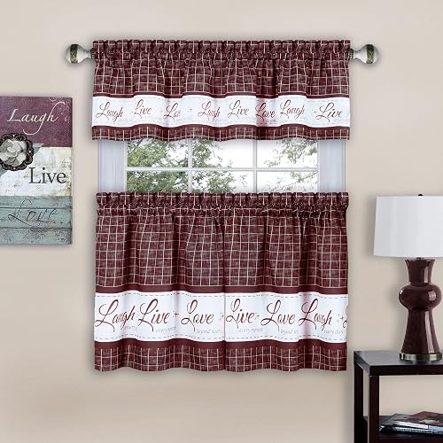 Achim Home Decor - Juego de Cortinas para Ventana, 58 Pulgadas de Ancho, 36 Pulgadas de Largo, Vivo, Amor, Risa (Burdeos), Cortinas filtrantes de luz para Cocina, recámara, Sala de Estar y Comedor