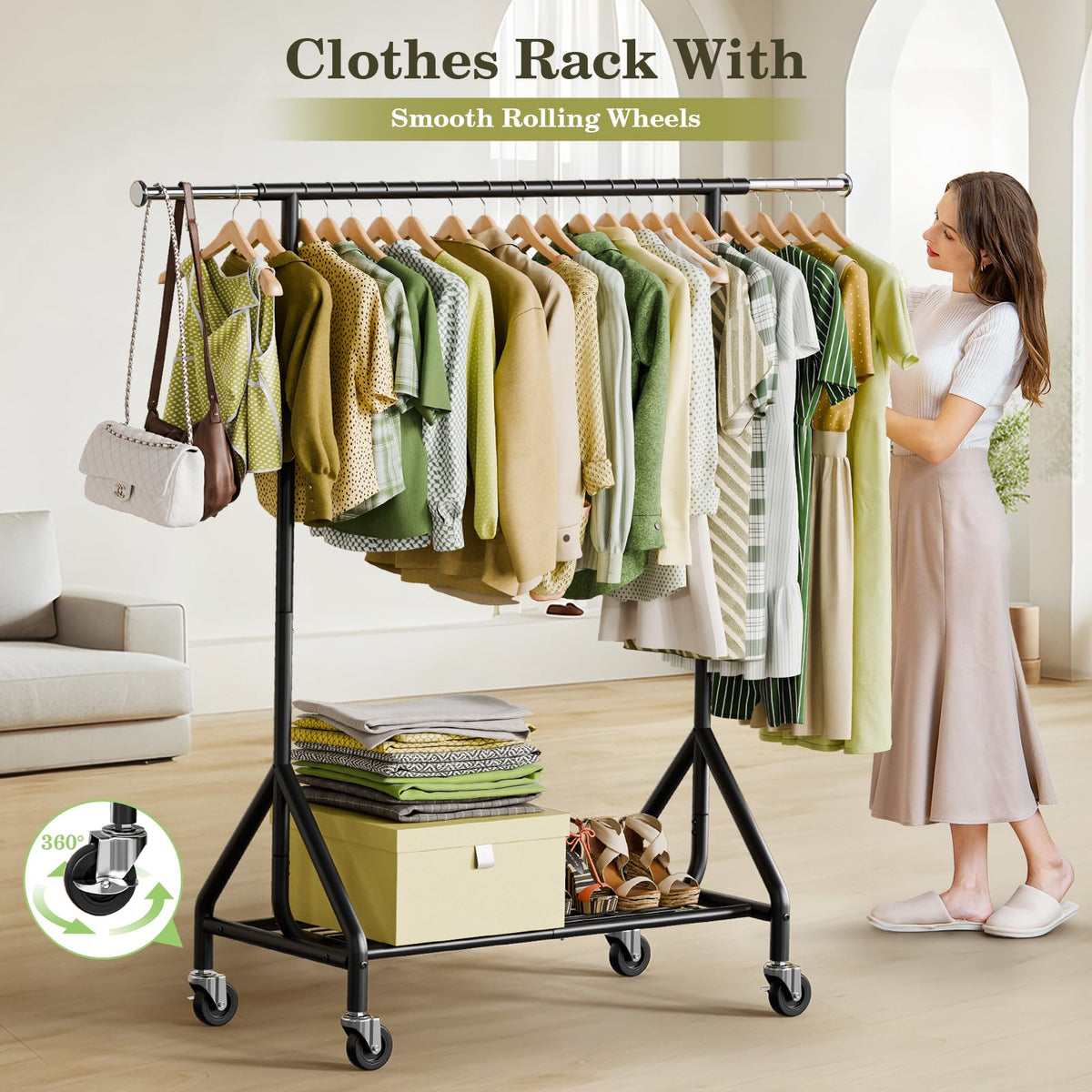 Holiwei - Perchero de carga de 450 libras, estante de ropa resistente, ropa colgante de metal con ruedas y estantes resistentes, color negro