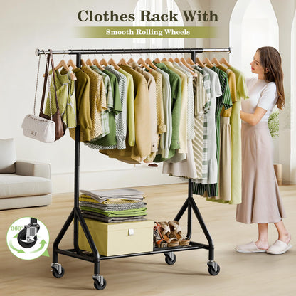 Holiwei - Perchero de carga de 450 libras, estante de ropa resistente, ropa colgante de metal con ruedas y estantes resistentes, color negro