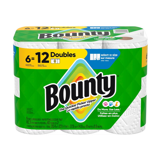 Bounty - Toallas de Papel Select A Size, 6 Rollos Dobles, 82 Hojas por Rollo, Hojas Ajustables, Súper Absorbentes, Textura Diamante, Limpieza Rápida y Duradera