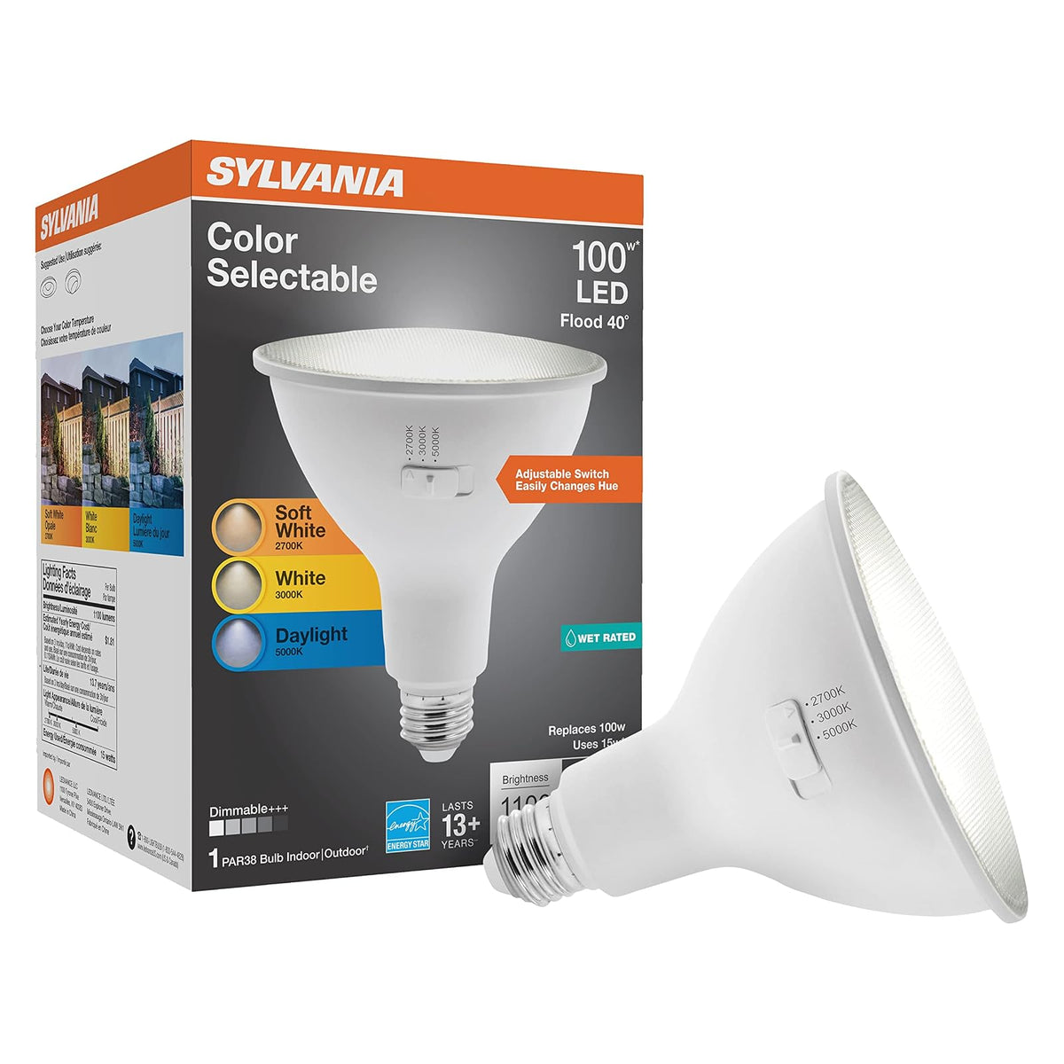 Sylvania foco LED PAR38, 100 W = 15 W, 3 CCT Select (2700 K / 3000 K / 5000 K), 13 años, regulable, 1100 lúmenes, clasificación húmeda, Energy Star - 1 paquete (41383)