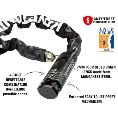 Kryptonite Keeper 790 - Candado combinado de cadena para bicicleta, 3 pies de largo, resistente y antirrobo, vendido, bloqueo de cadena de bicicleta, 4 dígitos reiniciable, cerradura de combinación