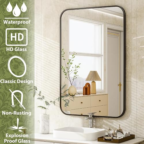 Easly - Espejo de baño de 20 x 28 pulgadas, espejo rectangular redondeado para pared, espejo moderno para decoración de habitaciones, espejos de pared con marco negro para decoración del hogar, cuelga