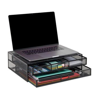 Betesh Mind Reader Monitor Stand, Ventilated Laptop Riser, Storage Drawer, Office, Metal Mesh, 15.75" L x 11.75" W x 4.5" H, Black