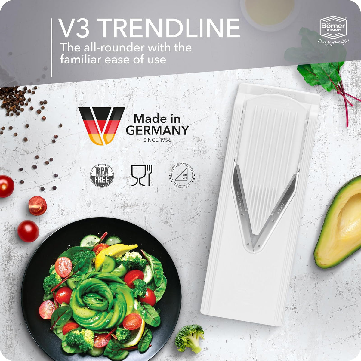Cortador de verduras de mandolina Börner V3 (Set de inicio) de Reston Lloyd • Cortador V con almacenamiento de cuchillas y soporte de seguridad para alimentos • Fabricado en Alemania • Cortador de