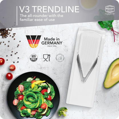 Cortador de verduras de mandolina Börner V3 (Set de inicio) de Reston Lloyd • Cortador V con almacenamiento de cuchillas y soporte de seguridad para alimentos • Fabricado en Alemania • Cortador de