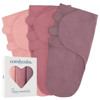 Comfy Cubs Mantas Envolventes para Recién Nacido, Paquete de 3 - Blush, Mauve, Mulberry - Small (0-3 Months)