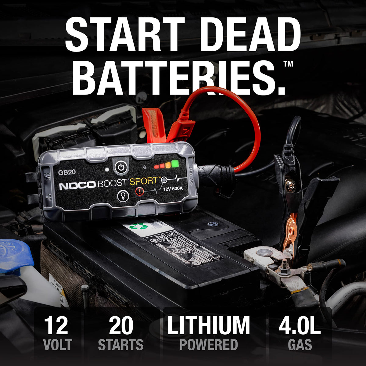 NOCO Boost GB20: Arrancador de batería de Auto 500A – Booster de Litio portátil 12V, Power Bank y Cables para Pasar Corriente – para Motores a Gasolina de hasta 4.0 litros