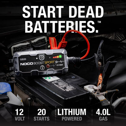 NOCO Boost GB20: Arrancador de batería de Auto 500A – Booster de Litio portátil 12V, Power Bank y Cables para Pasar Corriente – para Motores a Gasolina de hasta 4.0 litros