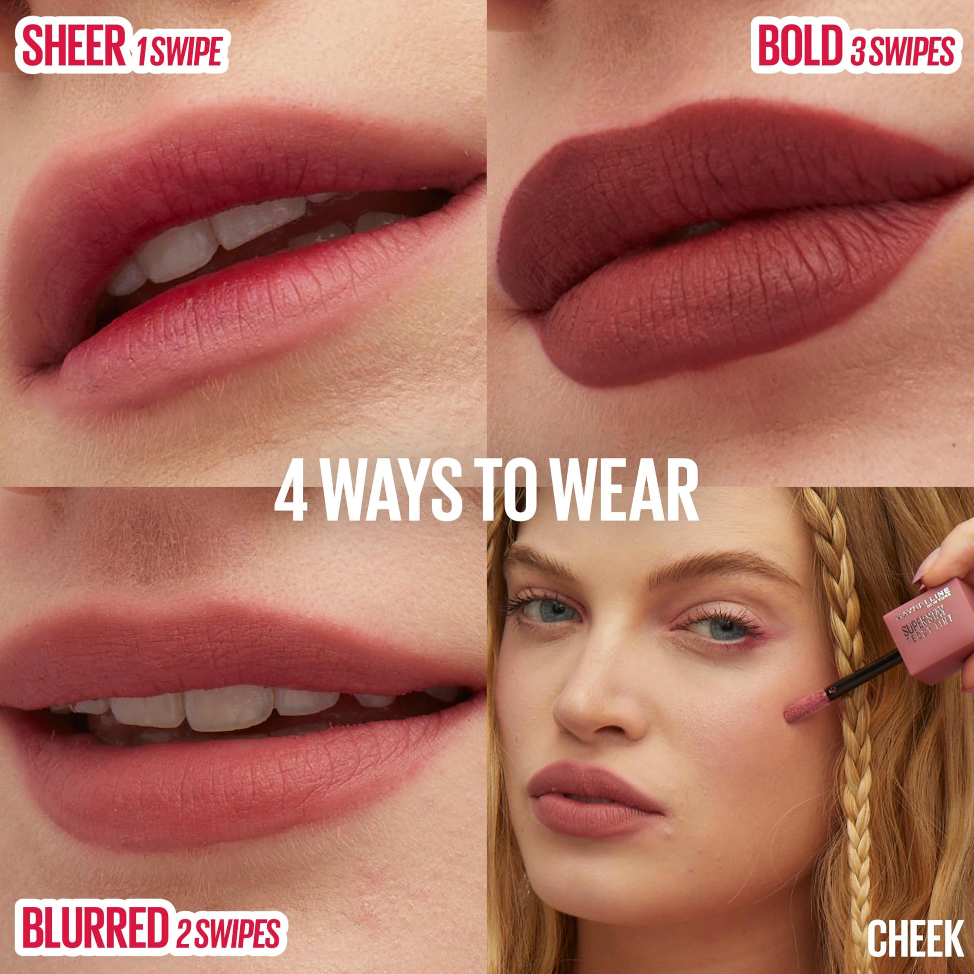 Maybelline Tinta para labios Super Stay Teddy Tint Kitten Heel 5ml - Tinta multiusos de larga duración, efecto mate difuminado hasta por 12H, textura suave a los labios, sin transferencias