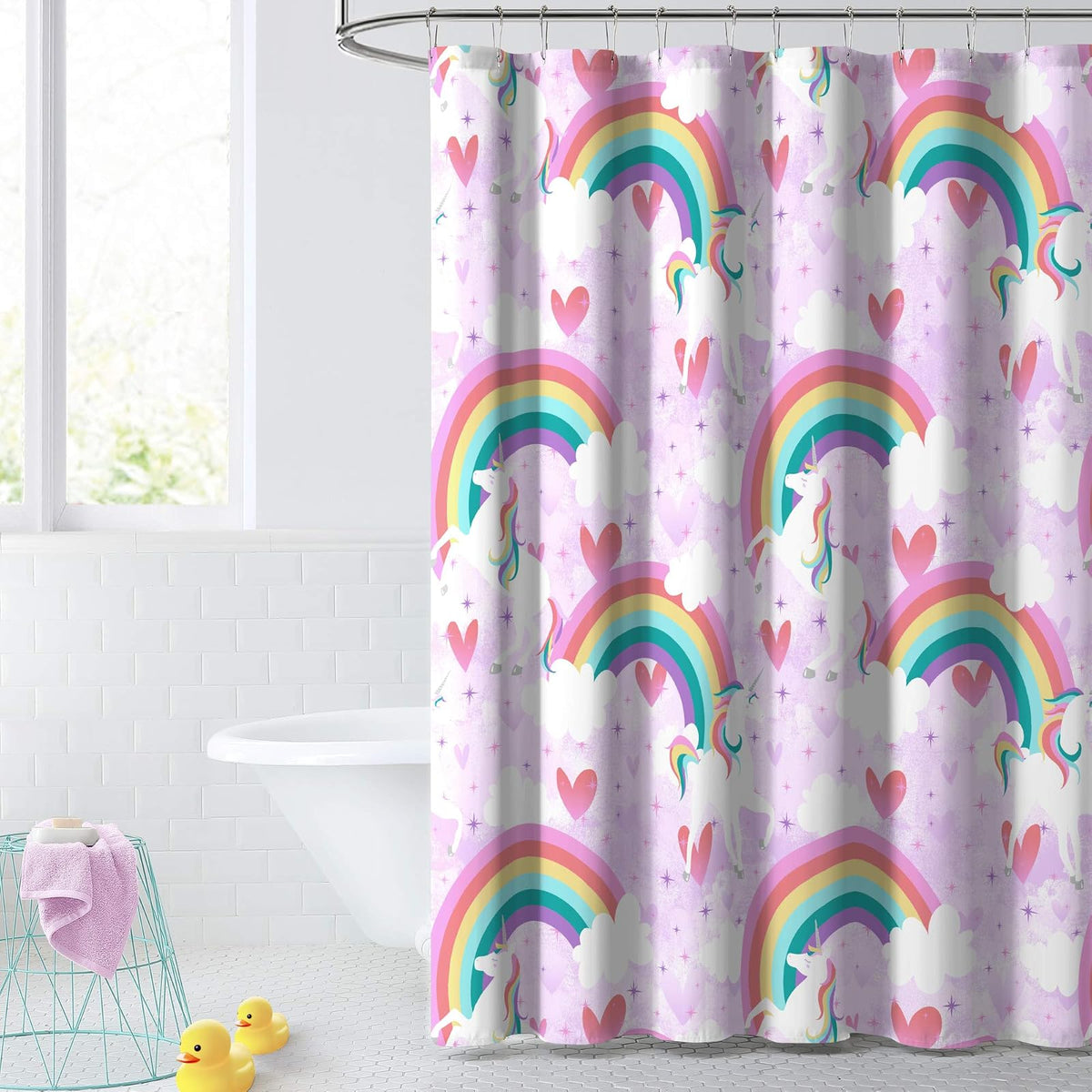 dream FACTORY - Cortina de Ducha de Tela para baño, 72 x 72 Pulgadas (Ancho x Largo), Unicornio Morado arcoíris