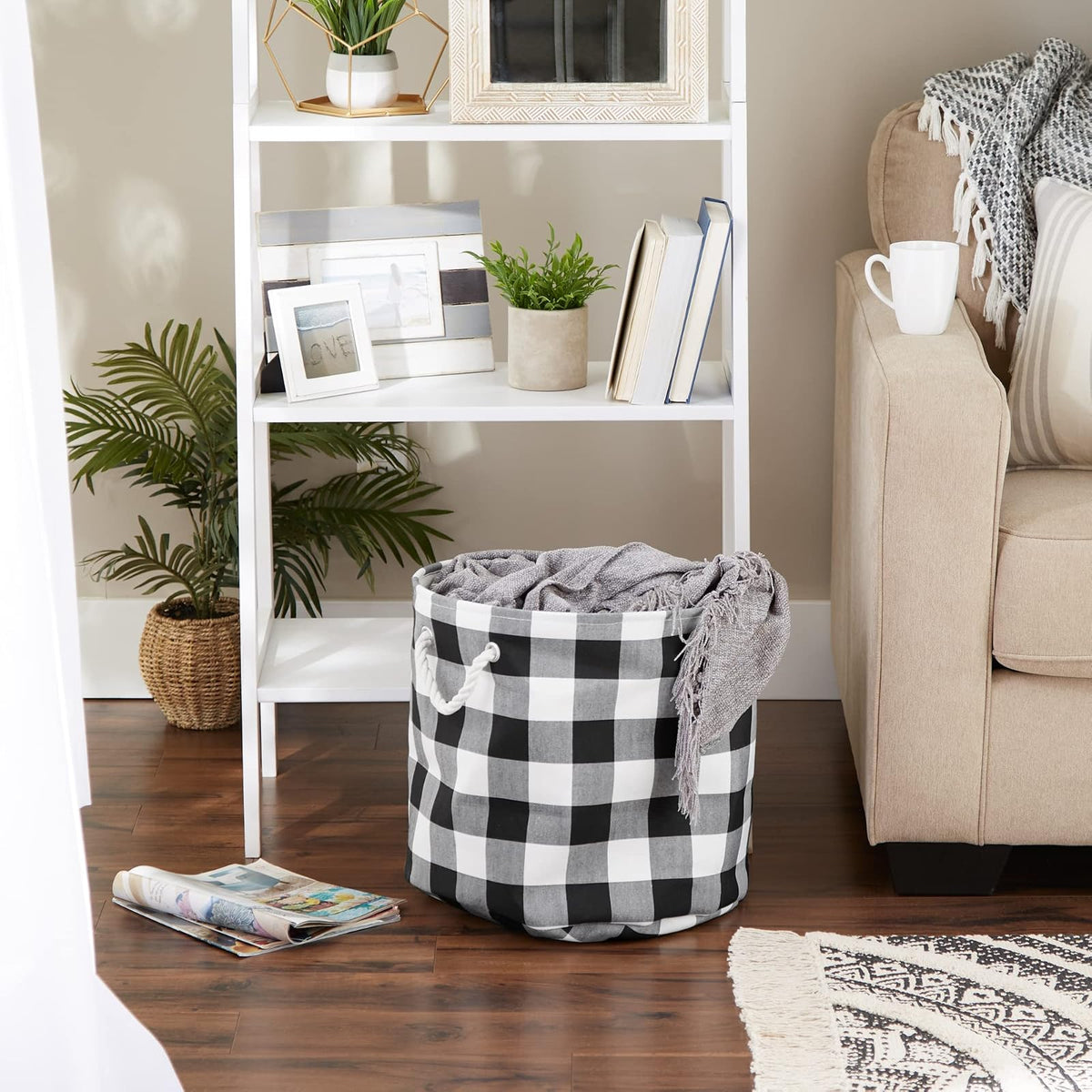 DII Buffalo Check Storage Collection - Contenedor Plegable con Asas, Redondo Grande, 16 x 16 x 15 Pulgadas, Blanco y Negro