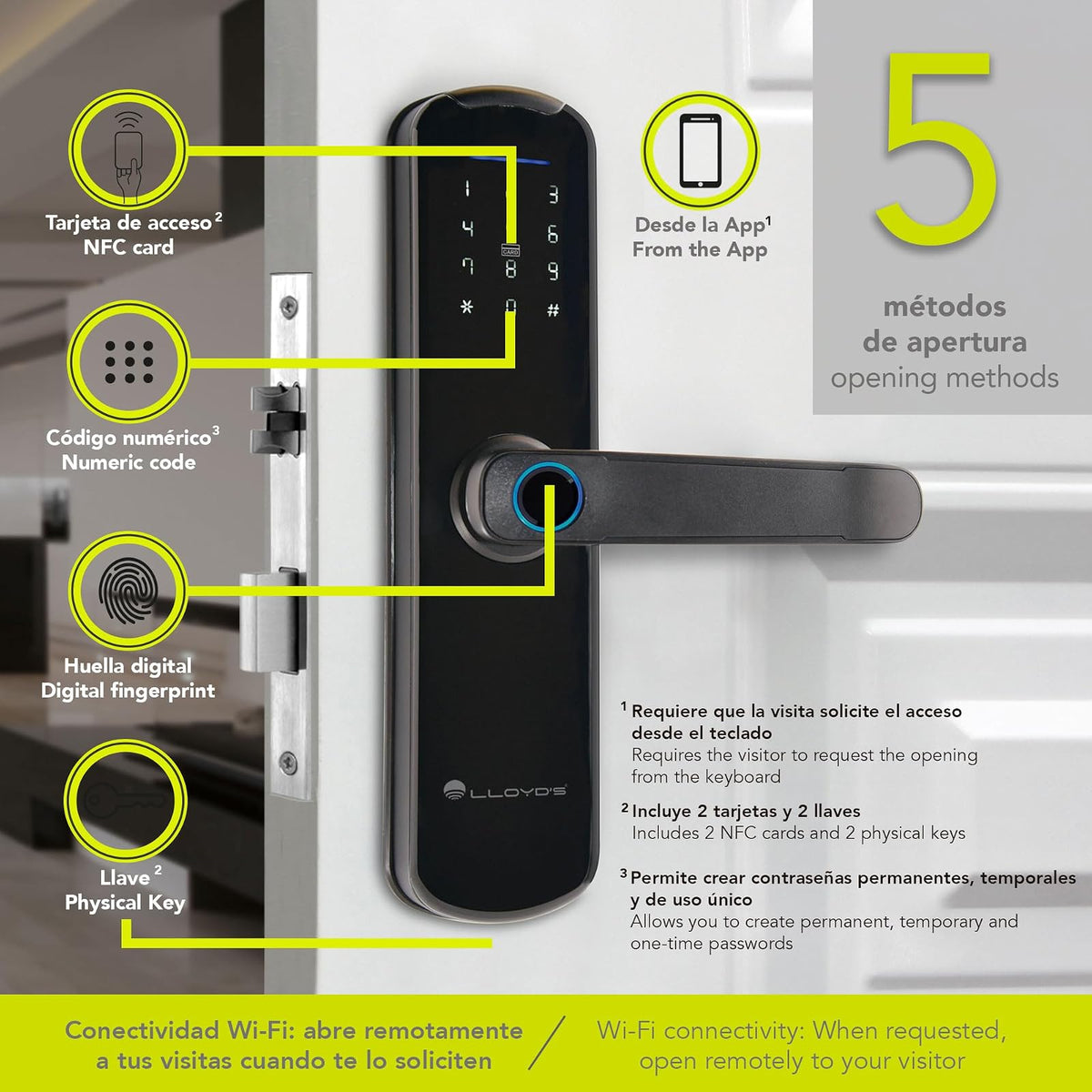 Lloyd's LC-1298 - Cerradura Inteligente Wifi, Para Puertas con Grosor de 3.8 cm - 8 cm, 5 Métodos de Apertura, Teclado con Luz, Negro