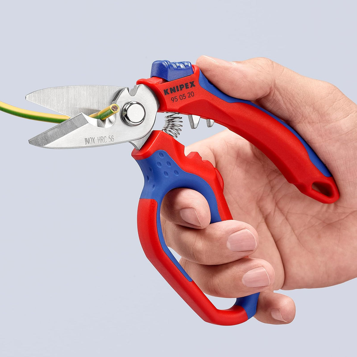 KNIPEX Tools - Tijeras de acero inoxidable 95 05 20 US en ángulo para electricistas, 6-1/4 pulgadas, rojo/azul