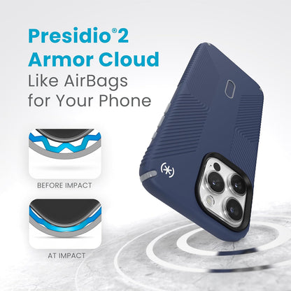 Speck - Funda para iPhone 15 Pro Max - ClickLock - Bloqueo antideslizante, construido para MagSafe, agarre de protección contra caídas, resistente a los arañazos, tacto suave, funda para teléfono de 6.7 pulgadas, agarre Presidio2 azul costero/gris polvo/b