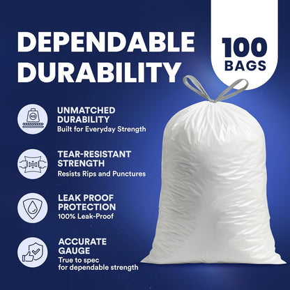 Plasticplace Bolsas de basura de 6 galones, 0.7 mil, forros blancos para cubos de basura con cordón, 17 x 20 pulgadas (100 unidades)