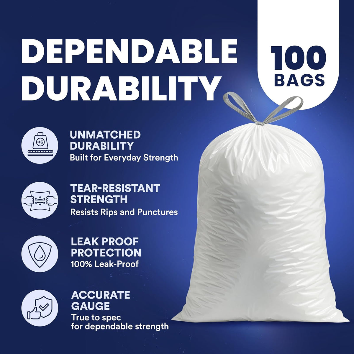 Plasticplace 5 gallon Trash Bags │ 0.9 Mil │ White Drawstring Garbage Liners for Bucket │ 19" X 25" (100Count)