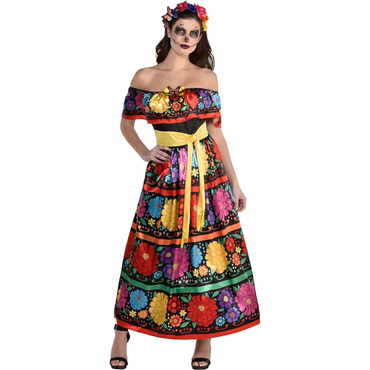 Amscan - Juego de vestido de belleza y diadema multicolor con calavera de azúcar, extragrande (14-16), disfraz encantador del día de los muertos