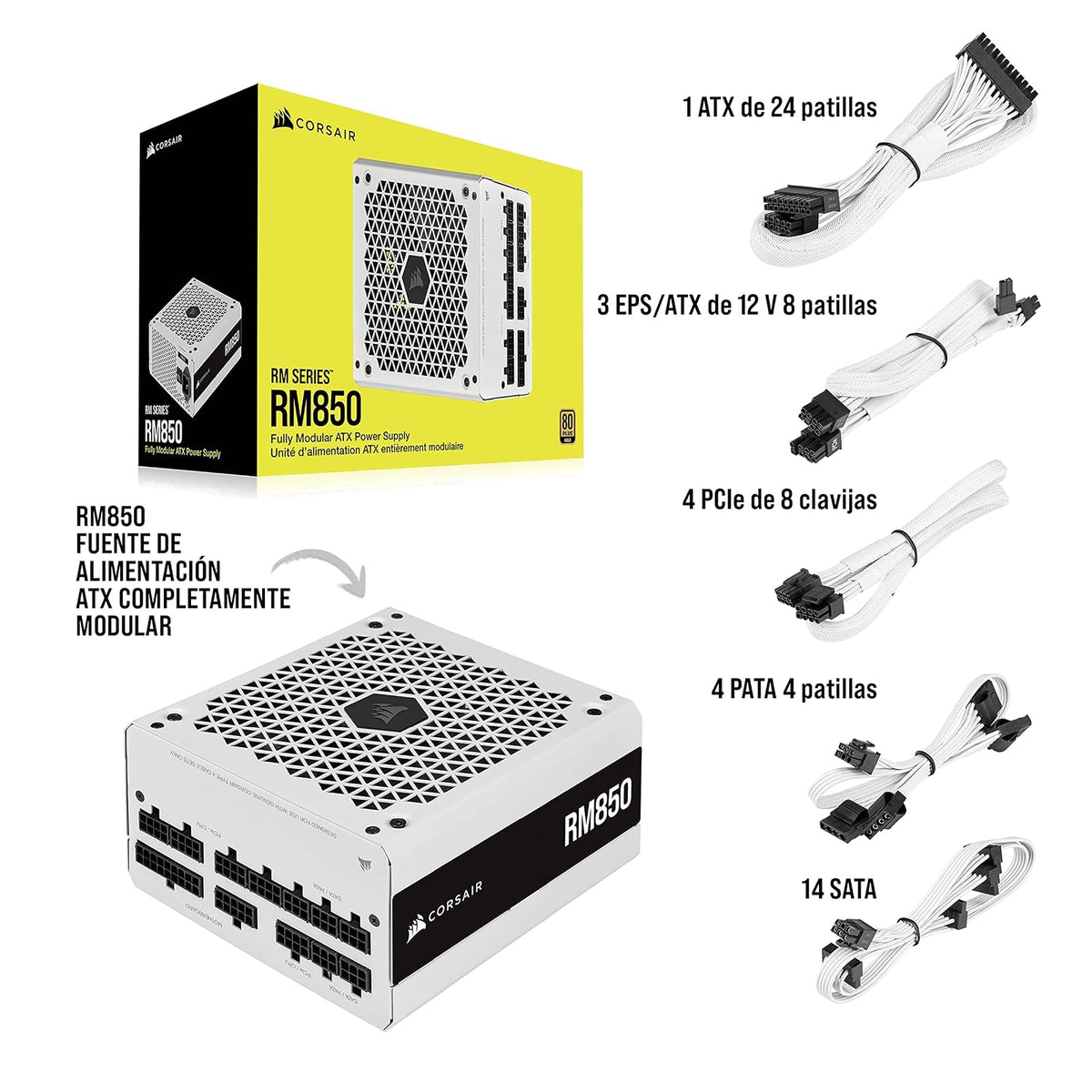 Corsair RM850 2021, RM Series, 850 Watts 80 Plus Gold Fuente de Alimentación ATX Totalmente Modular, Conectores Triples EPS12V, Poco Ruido, Modo de Zero RPM, Condensadores de 105 °C, Blanco