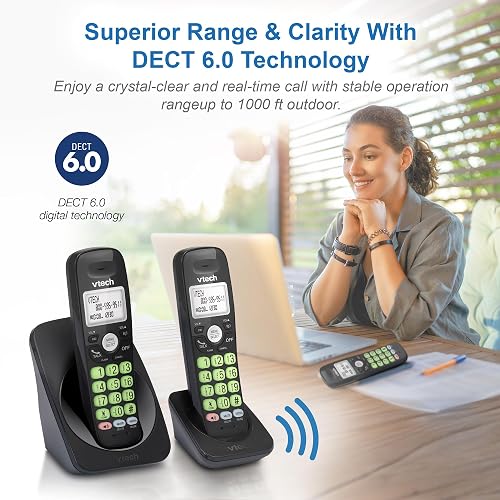 VTech - Teléfono inalámbrico con 2 teléfonos DECT 6.0, Altavoz dúplex Completo, visualización iluminada, Teclado retroiluminado, identificación de Llamadas/Llamada en Espera, Control de Volumen