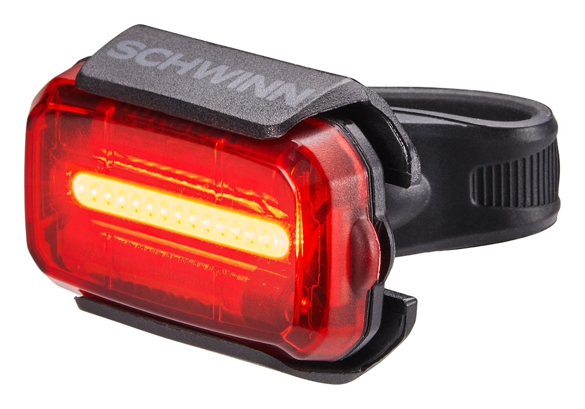 Schwinn - Juego de luces LED para bicicleta, faros delanteros recargables por USB y luz trasera que funciona con pilas, con correa de silicona de montaje sin herramientas, pieza de bicicleta y