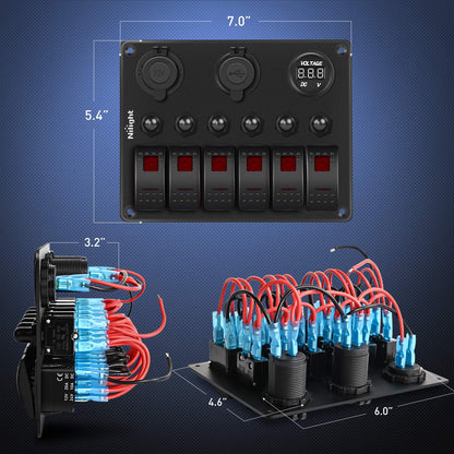 Nilight 6 Gang ON Off Rocker Switch Panel Red Backlit 12V 24V LED Digital Voltmeter 3.1A Dual USB Charger Cigarette Lighter Socket Overload Protection for Cars RVs Boats (90122F)