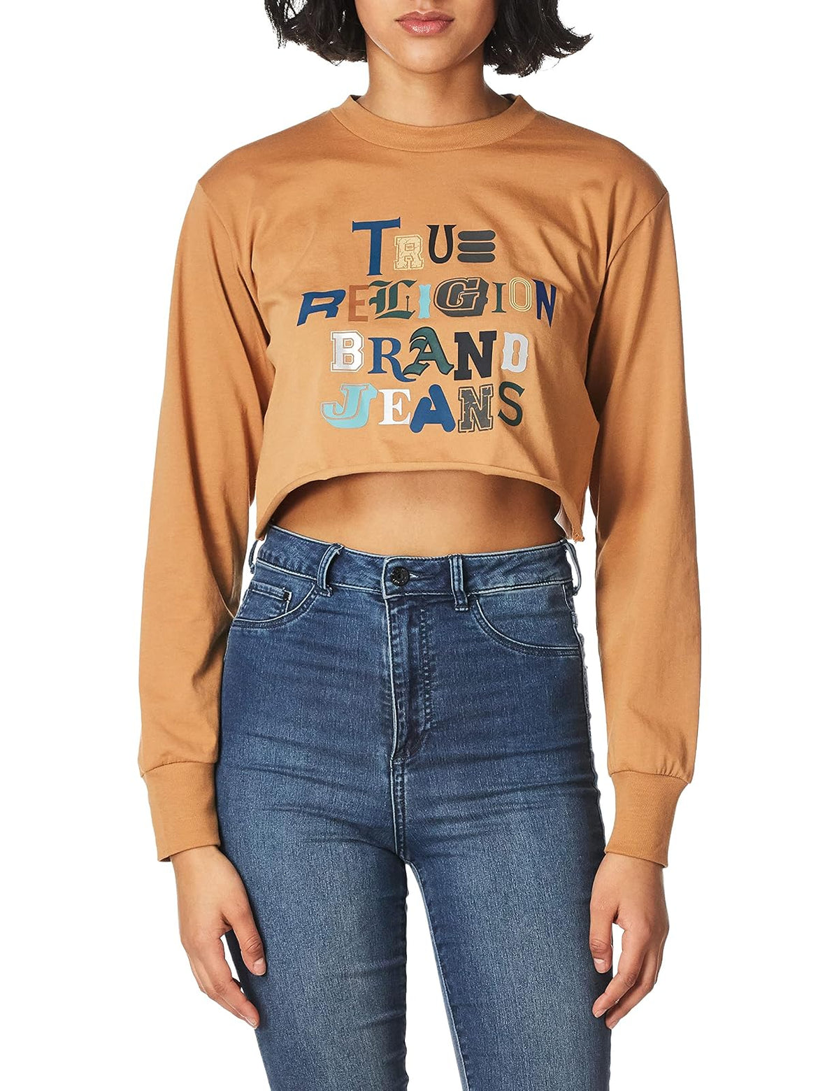 True Religion Camiseta de Manga Larga con Cuello Redondo y Corto Camiseta para Mujer