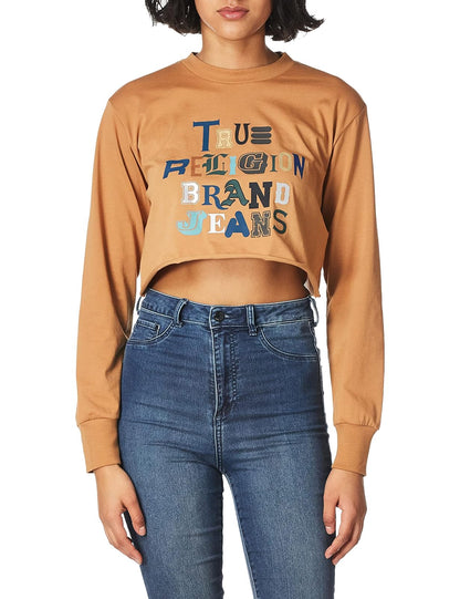 True Religion Camiseta de Manga Larga con Cuello Redondo y Corto Camiseta para Mujer