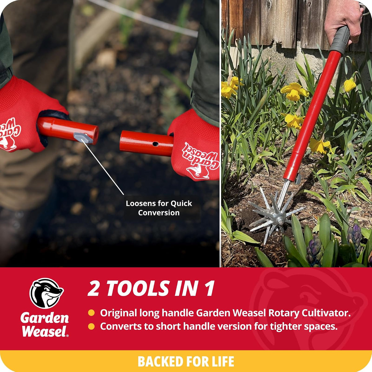 Cultivador rotativo de comadreja de jardín y timón de mano - 2 en 1 | Airear, malezas, cultivar, plantas, reseed | Herramienta de resiembra de césped, aflojador de piso de jardín | 91206