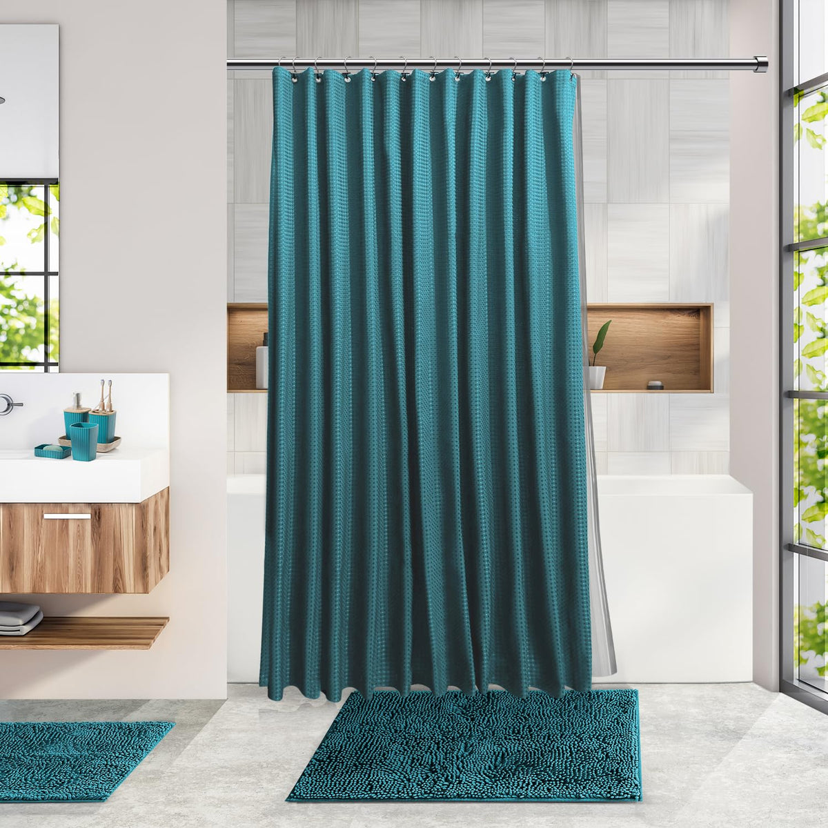 Clara Clark - Juego de Accesorios de baño, Juego de 20 Piezas de Accesorios de baño, Juego de Cortina de Ducha, Cepillo para Polvo de Inodoro, Bote de Basura y dispensador de jabón