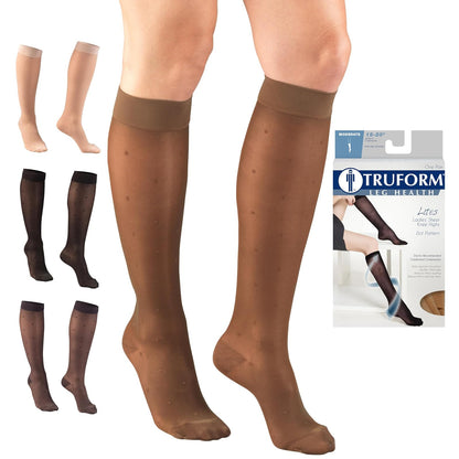 Truform Sheer Compression Stockings, 15-20 Mmhg, Women's Knee High Length, Dot Pattern Espresso, Pack of 1