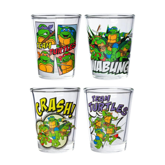 Silver Buffalo Teenage Mutant Ninja Turtles TMNT con Leonardo, Rapheal, Donatello y Miguel Ángel Juego de 4 mini vasos de 1.5 onzas