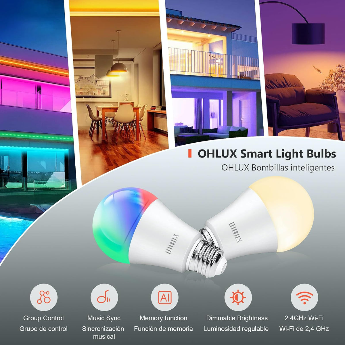 OHLUX 8 Focos Inteligentes Wi-Fi & Bluetooth, 900LM Foco Led E27 9W RGB 2.4Ghz, Colores Regulable, Control Remoto de APP y Control de Voz, Temporizador, Compatible con Alexa, Google Home