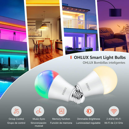 OHLUX 8 Focos Inteligentes Wi-Fi & Bluetooth, 900LM Foco Led E27 9W RGB 2.4Ghz, Colores Regulable, Control Remoto de APP y Control de Voz, Temporizador, Compatible con Alexa, Google Home