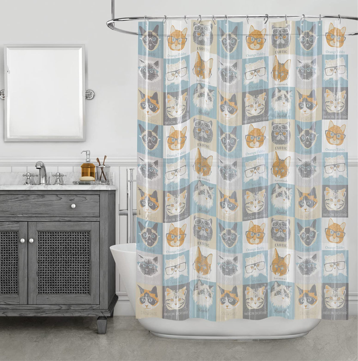 Splash Home High Quality Peva 5G Cats & Glasses Curtain Liner Design for Bathroom Showers and Bathtubs Free of Pvc Chlorine and Chemical Smell-Eco-Friendly-100% Waterproof, 70 x 72 Inch, Grey