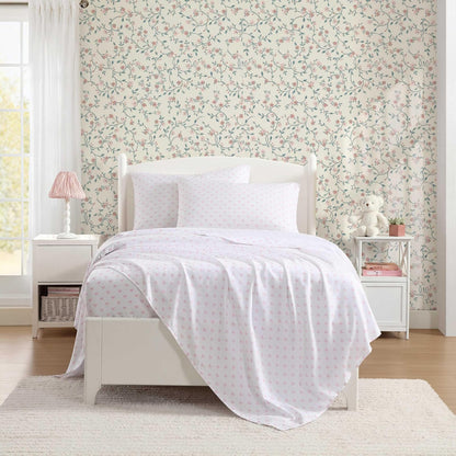 Laura Ashley - Juego de sábanas para niños, Ultra Suave y Transpirable con Fundas de Almohada a Juego, Resistente a Las Arrugas, Esencial Ideal para la habitación de Las niñas (Bonitos Lazos, Rosa,