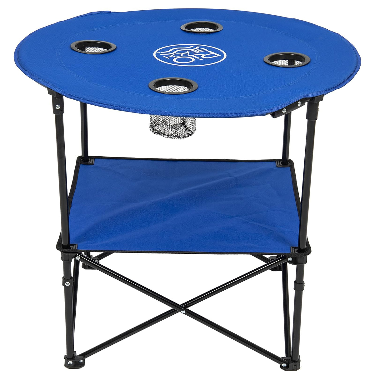 Rio Brands - Mesa de Playa Plegable portátil de Tela Ligera Redonda de 28 Pulgadas con portavasos, Color Azul