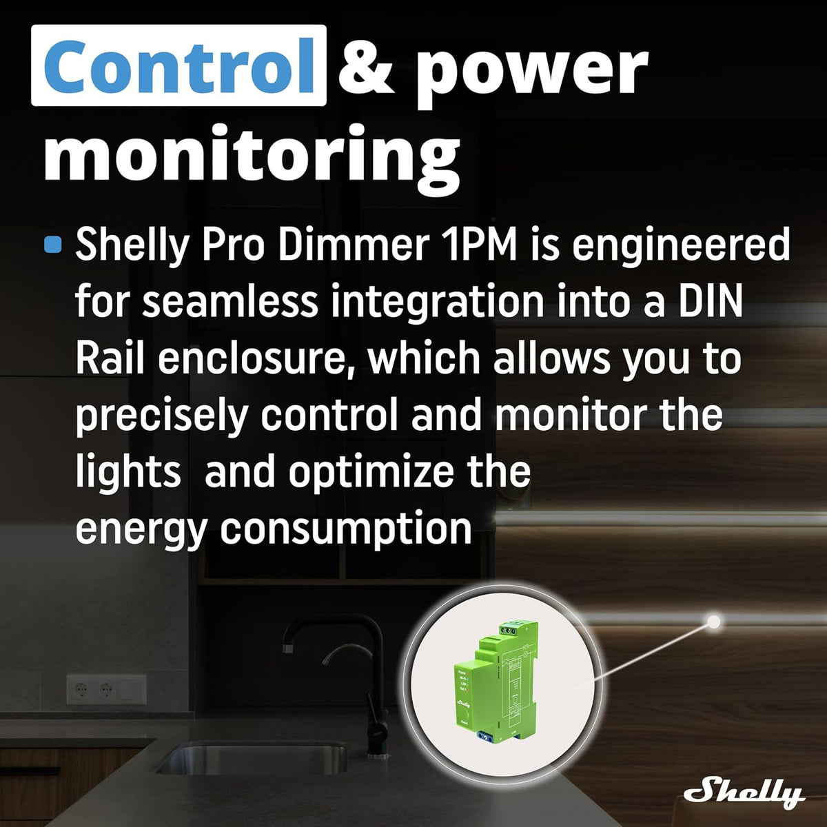 Shelly Pro Dimmer 1PM – Regulador de luz Wi-Fi/LAN, Medidor de consumo integrado, 1 canal, 200 W, Instalación- carril DIN, Compatible con lámparas halógenas y LED, Alexa, Google Home, App iOS, Android