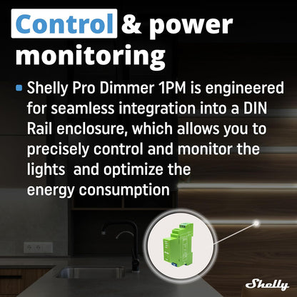 Shelly Pro Dimmer 1PM – Regulador de luz Wi-Fi/LAN, Medidor de consumo integrado, 1 canal, 200 W, Instalación- carril DIN, Compatible con lámparas halógenas y LED, Alexa, Google Home, App iOS, Android