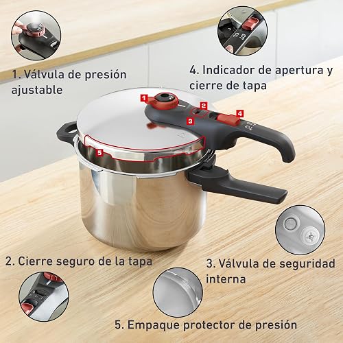 T-Fal Olla Express Secure Click 6L de Acero Inoxidable con Indicador de Presencia de Presión, Máxima Seguridad, P2580705