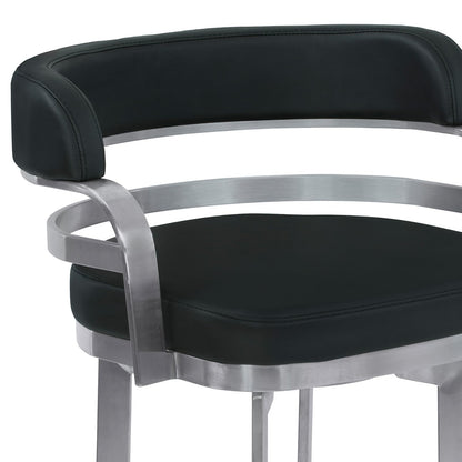Armen Living Prinz - Taburete Giratorio de 66 cm de Altura en Piel sintética Negra y Acabado de Acero Inoxidable Cepillado