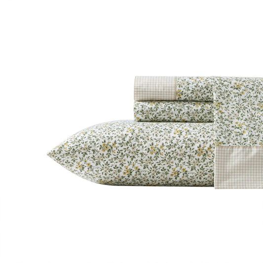Laura Ashley Juego de sábanas de tamaño King, Transpirable, percal de algodón, Esquinas Tipo Bolsillos Profundos, Elegante, decoración de hogar, Certificado Oeko-Tex, Verde (Tierney Green)