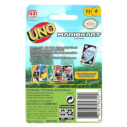 Juego de Cartas UNO de Mario Kart con 112 Cartas e Instrucciones (Idioma español no garantizado), para Jugadores de 7 años y más, Regalo para niños, Familia y Adultos