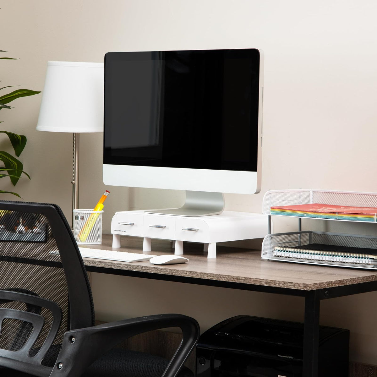 Mind Reader 'Perch' Organizador de escritorio y soporte para monitor, computadora, laptop, IMac, Blanco
