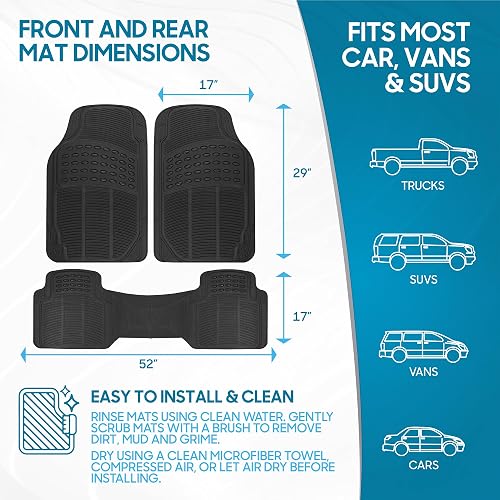 BDK Original ProLiner - Tapetes de Goma Resistentes Delanteros y Traseros para Automóvil, SUV, Furgoneta, camión, Color Negro, 3 Piezas, protección para Todo Tipo de Clima con diseño de Ajuste Universal