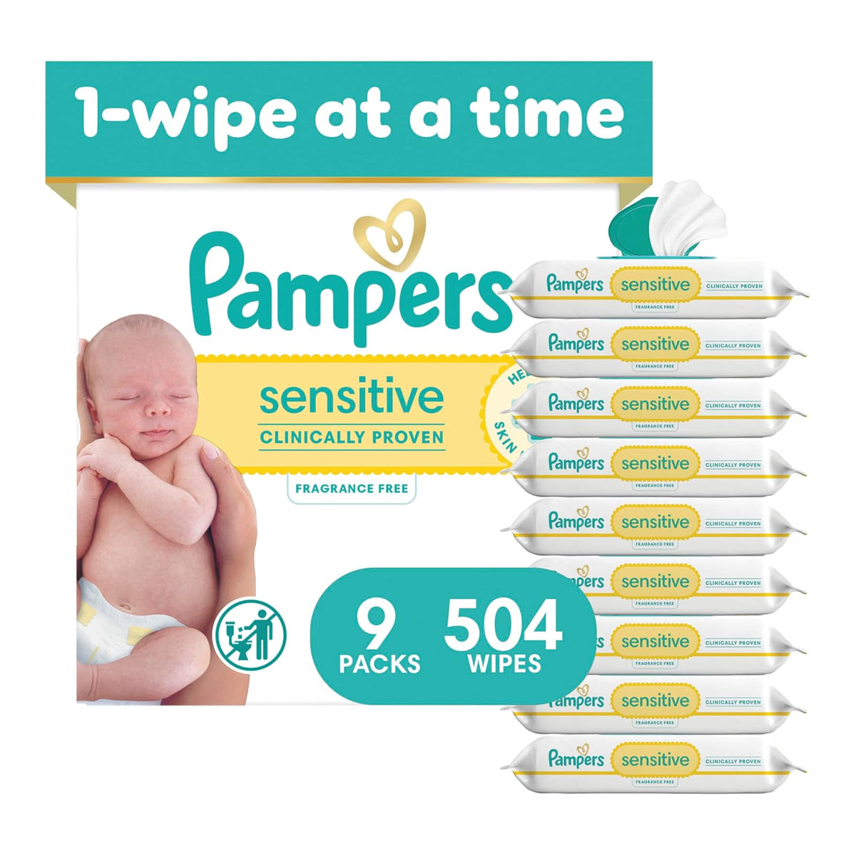 Toallitas de bebé, Pampers sensibles a base de agua, hipoalergénicas y sin perfume, 9X paquetes Pop-top, 504 toallitas totales (el embalaje puede variar)
